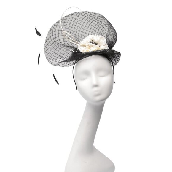 Sinamay Mesh Fascinator Feathers Flowers Hat Headband Wedding Party  Black Cream - Picture 2 of 10